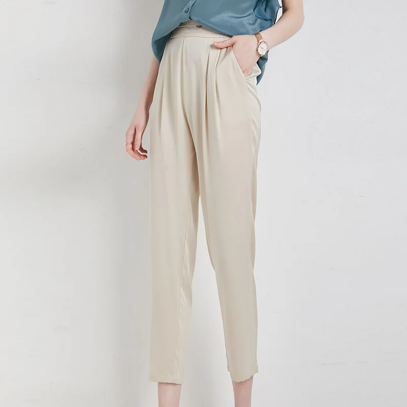 Mulberry Silk Harlan pants women summer elastic waist casual pants mulberry silk ankle-length trousers summer 20125