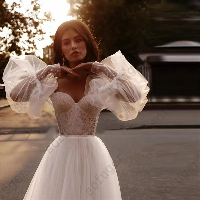 

Fairy Boho Wedding Dresses Detachable Long Puff Sleeve Bride Dress Vintage Lace Beach Wedding Gowns Plus Size Corset Back Sweet