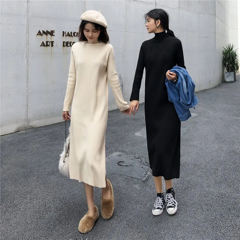 Водолазка женское однотонное платье вязаная одежда новинка 2019 комплект Длинное