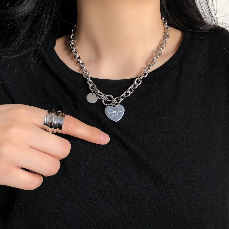 

Harajuku Fine Heart Necklace For Women Punk Stainless Steel Chain Hip Hop Fashion Simple Chokers Statement Goth Jewelry Collar