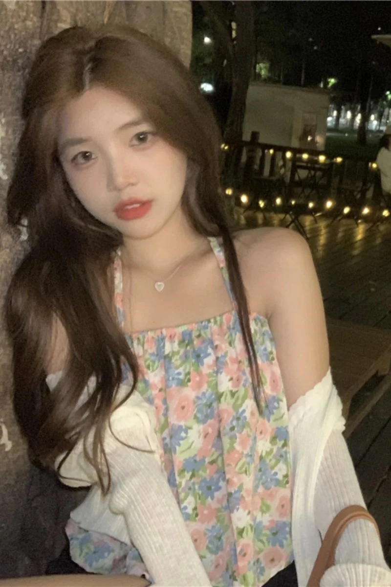 Summer Phuket Pure Sling Wind Spice Girl Sweet Broken Flower Hanging Neck Belly Pocket Versatile Cardigan | Женская одежда