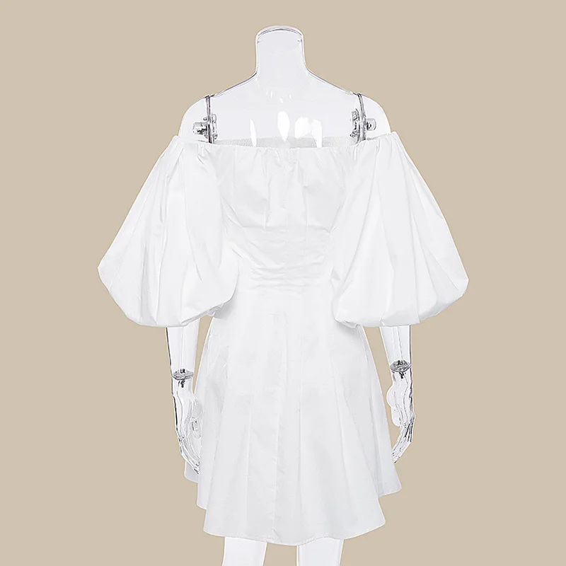 

Women Summer Sexy Slash Neck Solid Buttons Lantern Sleeve Party Dress Elegant Casual Slim French Princess Dress Vestidos SJ6632M