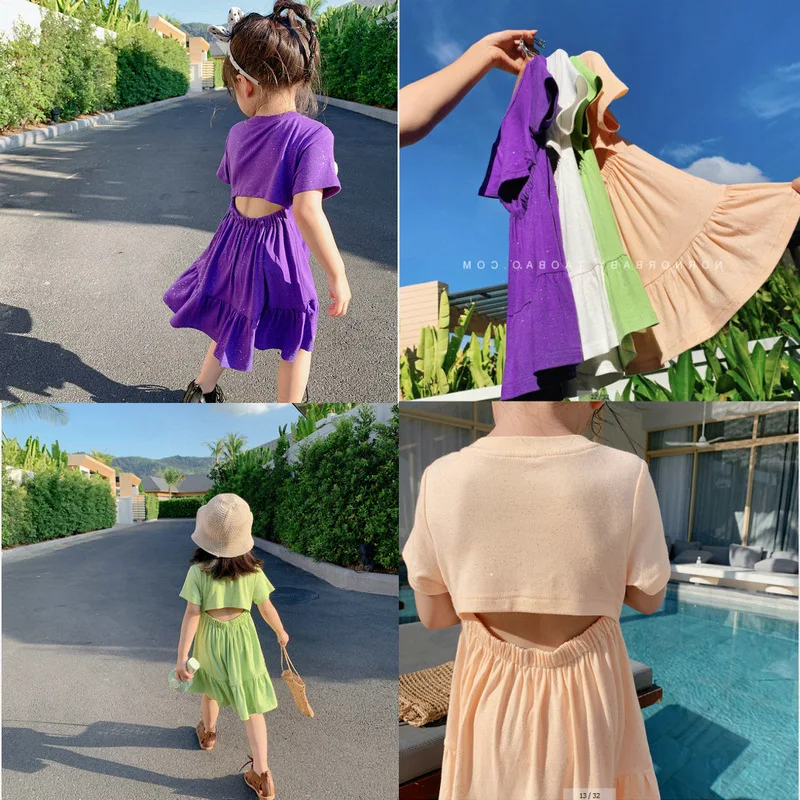 

Children's Dress Sweet Summer New Fashion Short-Sleeve Little Girl Waist Folds Casual Dress For Girls Solid Color Princess Dress