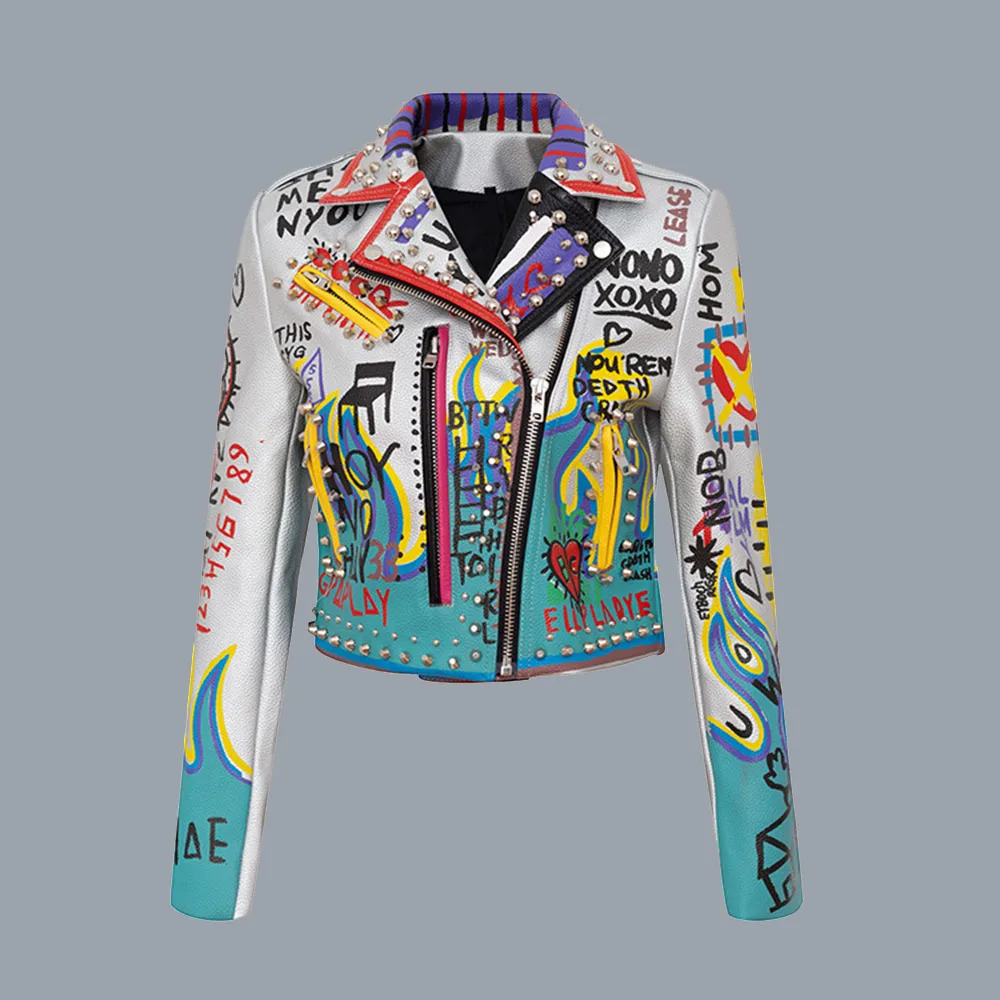 

Куртка из искусственной кожи с надписью, с заклепками, Осень-зима 2021, модная шикарная мотоциклетная куртка в стиле панк, на молнии, с граффит...