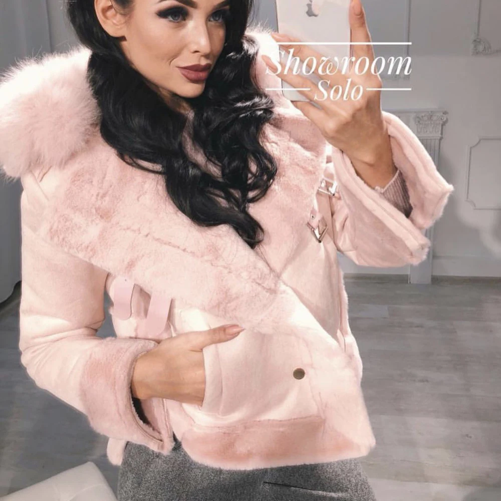 Замшевое пальто из меха ягненка Женская мотоциклетная куртка искусственного