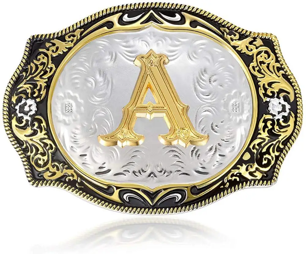Hebilla de cinturón occidental con letras iniciales ABCDMRJ a Z Cowboy Rodeo, hebillas de cinturón pequeñas doradas para hombres y mujeres