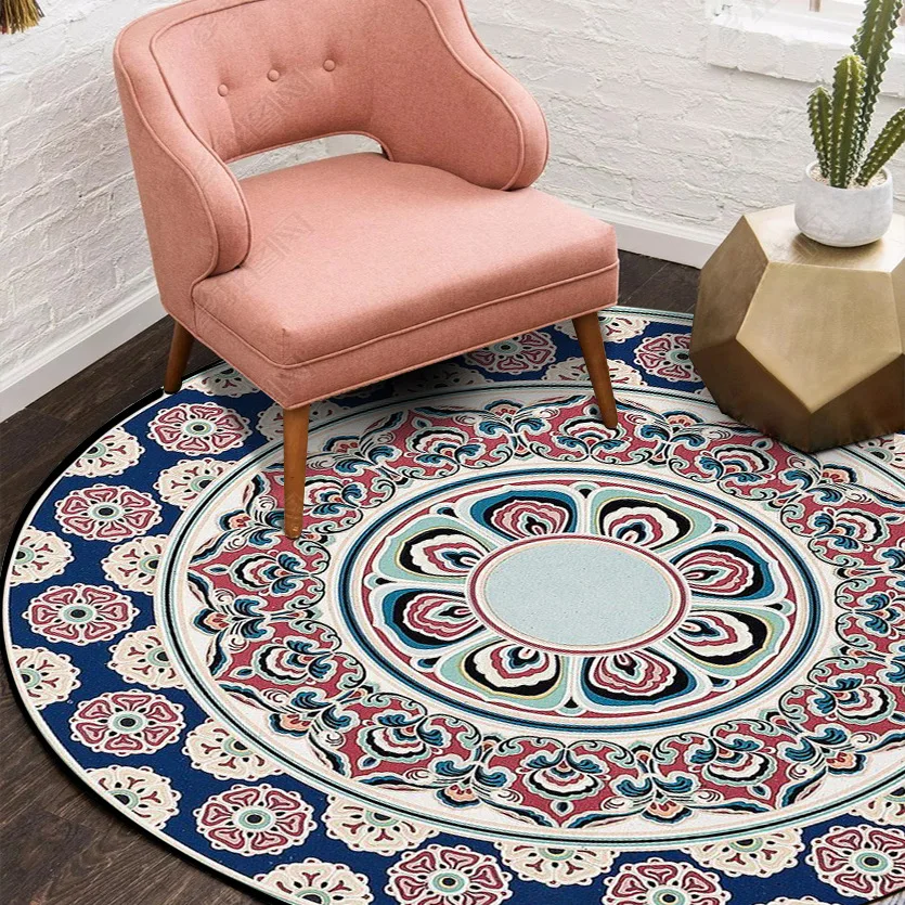 

Fashion dark blue red European flower round living room bedroom anti-skid floor mat carpet