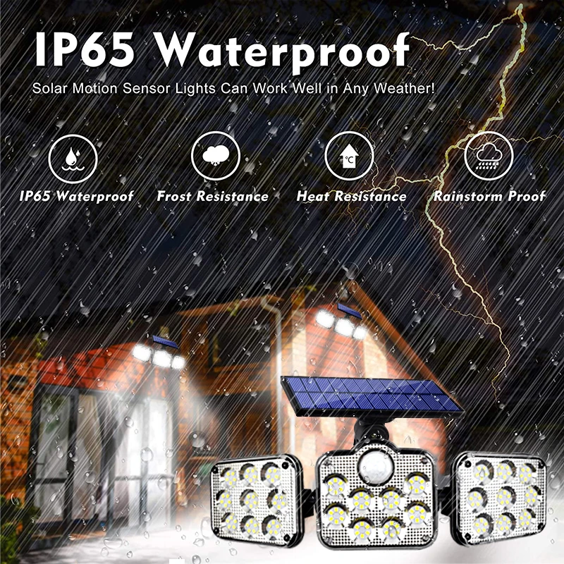 

Solar Motion Sensor Outdoor Light 138 LED 3 Head 270 Wide Angle Illumination Remote Control Solar Wall Light for Garden Garage