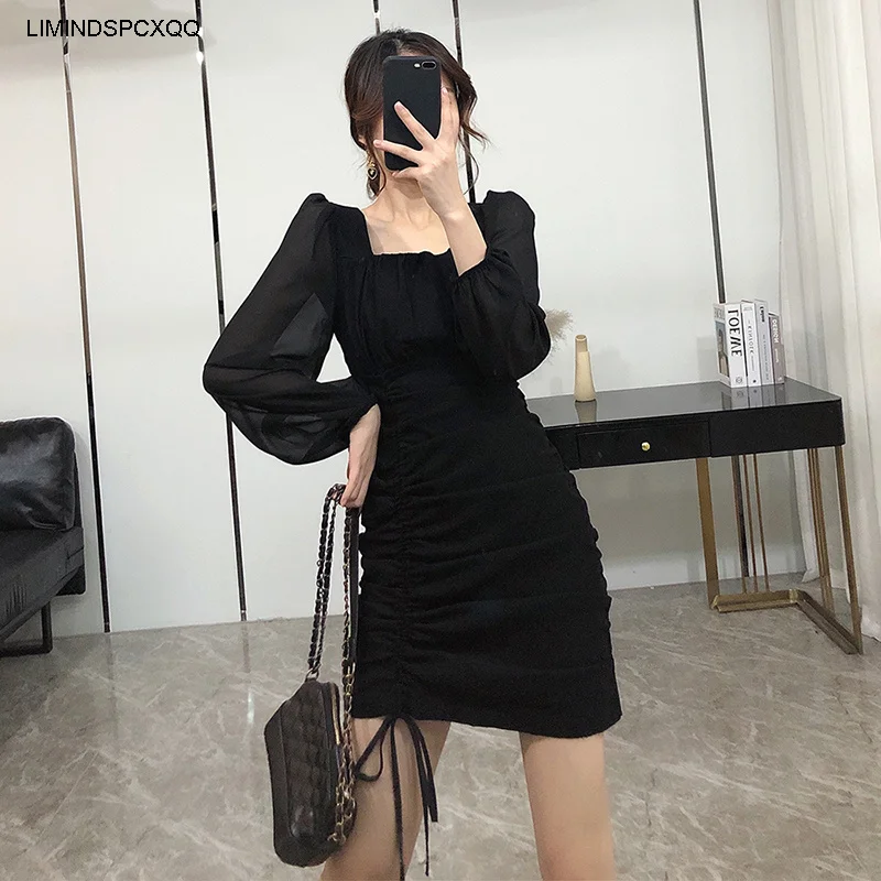 

2021 Sexy Korean Full Sleeve Bandage Fashion Square Collar Black Dress New One-piece Lady Party Club Clothes Fall