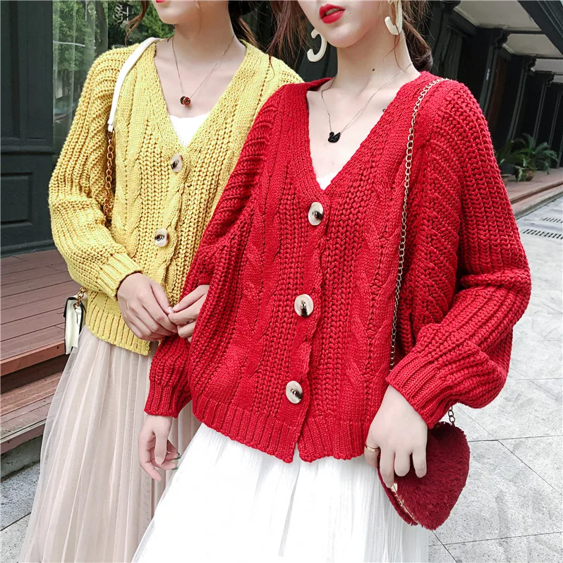 

Korean Style Knitted Sweater Cardigans Women Long Sleeve Single Breaster Female Cardigan Solid Sweaters Sueter Mujer