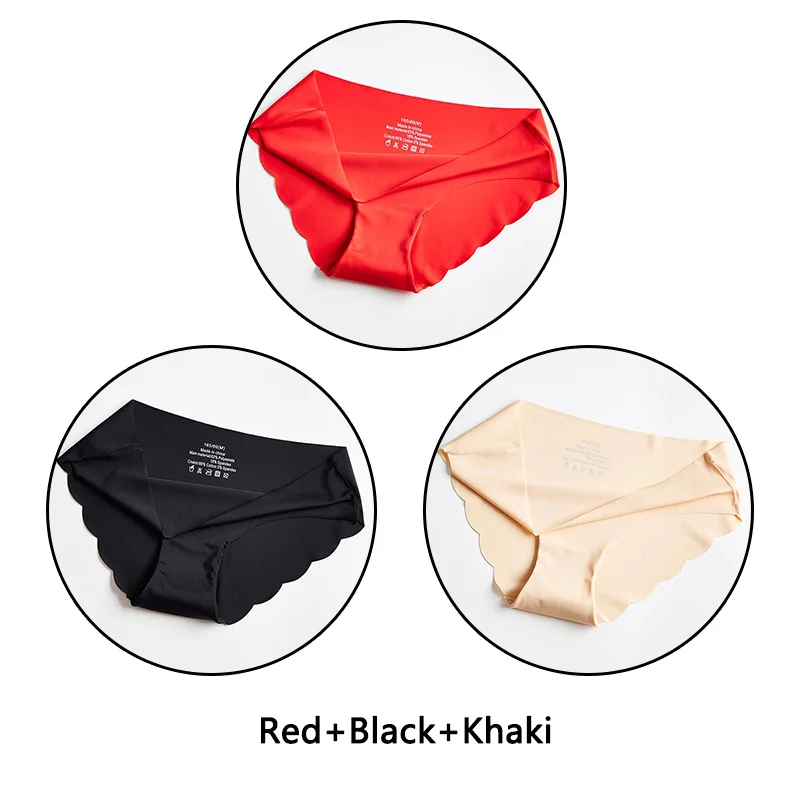 Red Black Khaki 3 шт. ультра тонкие мягкие женские трусики бесшовные трусы сексуальные оборки Нижнее белье Женские однотонные трусики 7 цветов Нижнее белье с низкой посадкой нижнее белье - Цвет: Red Black Khaki