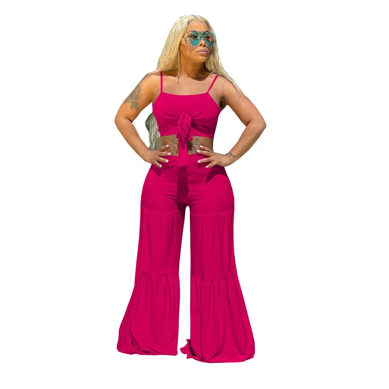 

Summer Women Sets 2021 New Fashion Casual Solid Color Sling Top Wide Leg Pants Loose Two-piece Suit Female LR1266