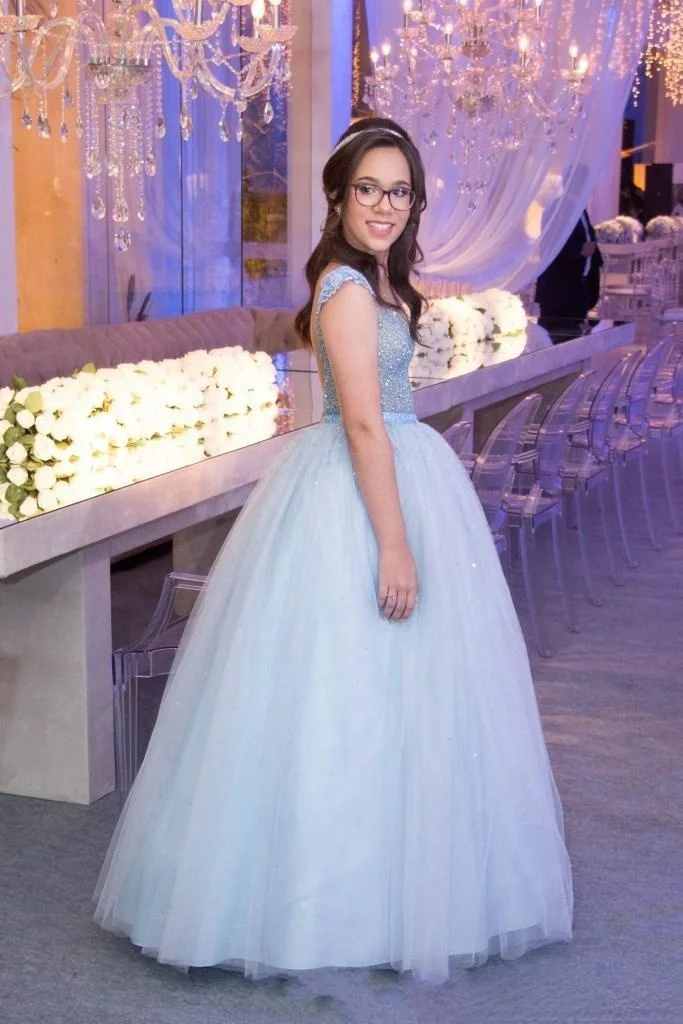 

Baby Blue Crystal Ball Gown Dresses See Through Major Beading Long Formal Girls Evening Party Gowns for Sweet