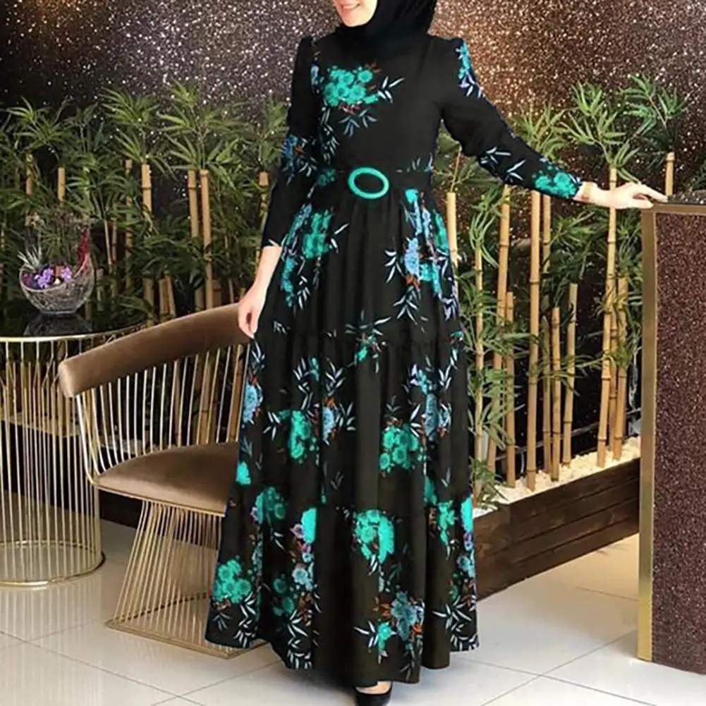 

Long Sleeve Flower Print Women Dress Ethnic Floral Print Belt women skirt Maxi Kaftan Robe women's dress woman dresses