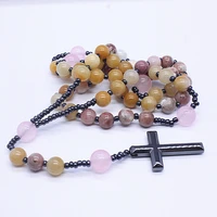 new natural stone rosary necklaces for women cross pendant sweater chain semi precious long necklaces men jewelry accessories