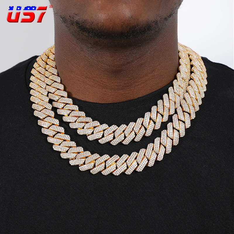 

US7 19mm Cuban Link Chain Micro Paved 3Row-CZ Stones Gold Plated Necklace Box Clasp Chain For Men's Hip Hop Fashion Jewelry