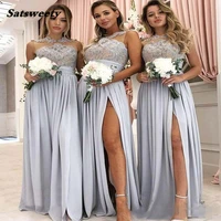 new a line bridesmaid dresses plus size cheap appliqued formal party gown sexy silver high slit wedding guest dresses custom