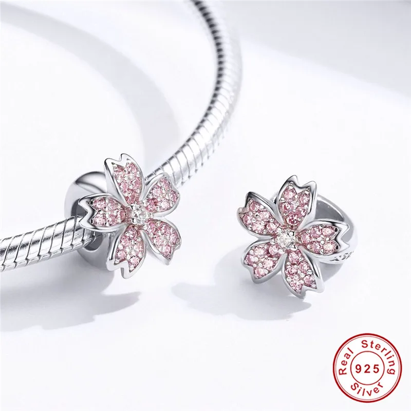 Fit Pandora браслет серебро 925 розовый циркон бусины-Вишенки S925 Симпатичные CZ японский цветок Разноцветные Подвески-талисманы для изготовления ювелирных изделий