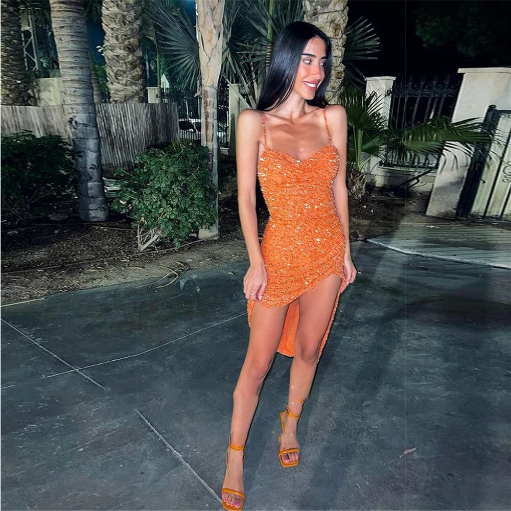 

Laxsesu Sexy Orange Glitter Prom Dress Sweetheart Spaghetti Straps Short Cocktail Party Dress Modern Night Club Gown 2022