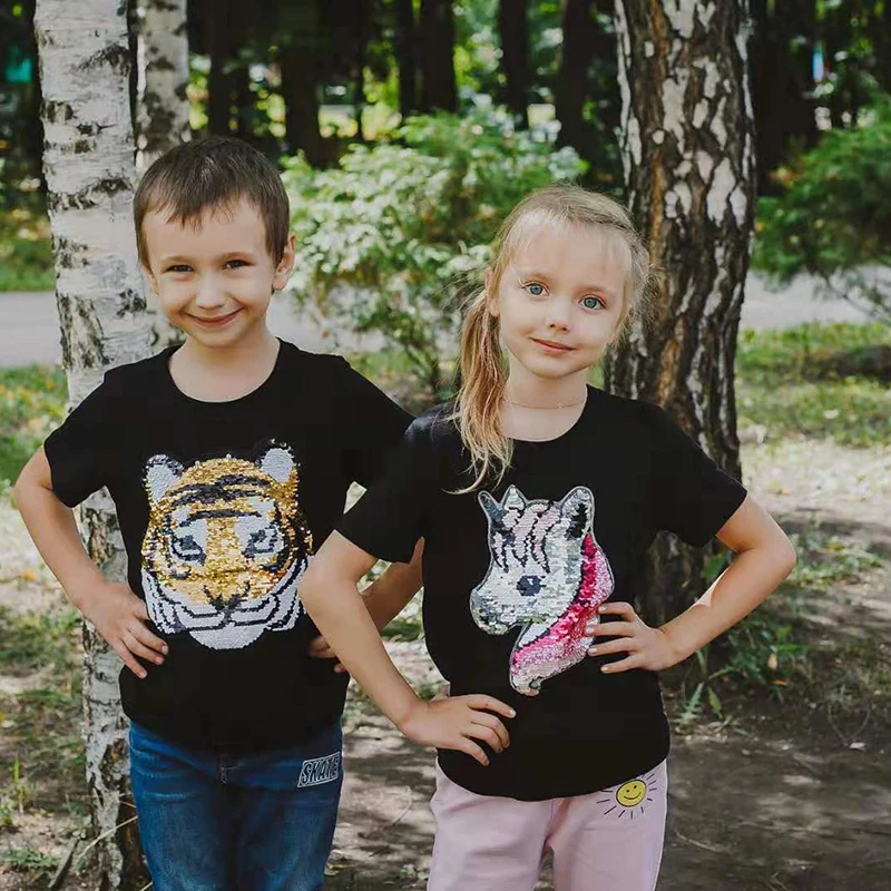 

Parents Kid T-Shirts Cartoon Sequined Cotton Casual T-Shirts Boys T-Shirts Girls Family Matching Outfits Tee Tops for Chirdren