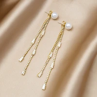 womens fashion elegant pearl long tassel drop earrings shiny crystal zircon spike chain charming dangle earring stud accessory