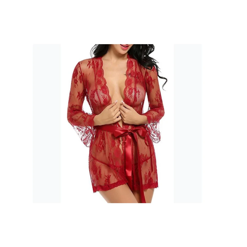 

Spring and Summer Lingerie Women Transparent Robe Bathrobes Ladies Sexy See-through Lace Mesh Sleepwear
