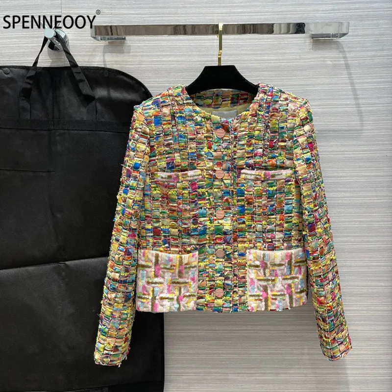 

Женское твидовое пальто SPENNEOOY, подиумное однобортное пальто с разноцветными бусинами и шелковой подкладкой, верхняя одежда