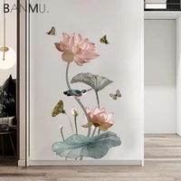 banmu lotus flower stickers traditional watercolor ink lotus wall decal vinyl lotus wall artwork sticker for bedroom decoration
