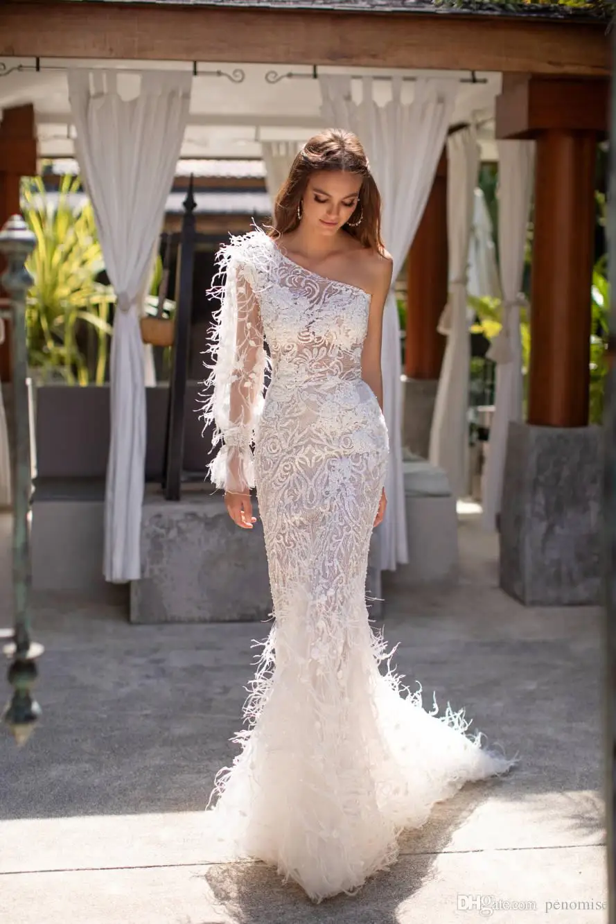 Elegant One Shoulder Wedding Dresses with Feathers Illusion Lace Mermaid Wedding Gowns Long Sleeve vestido de novia