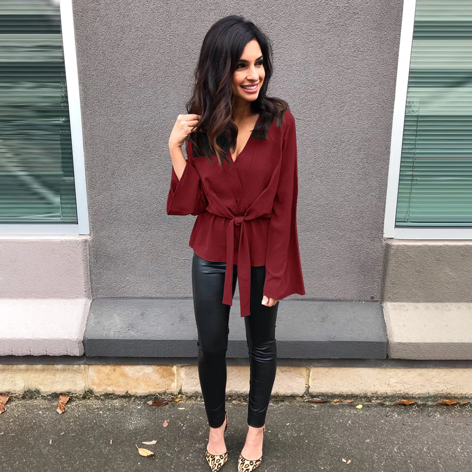 Женская Свободная шифоновая блузка с длинным рукавом и v-образным вырезом