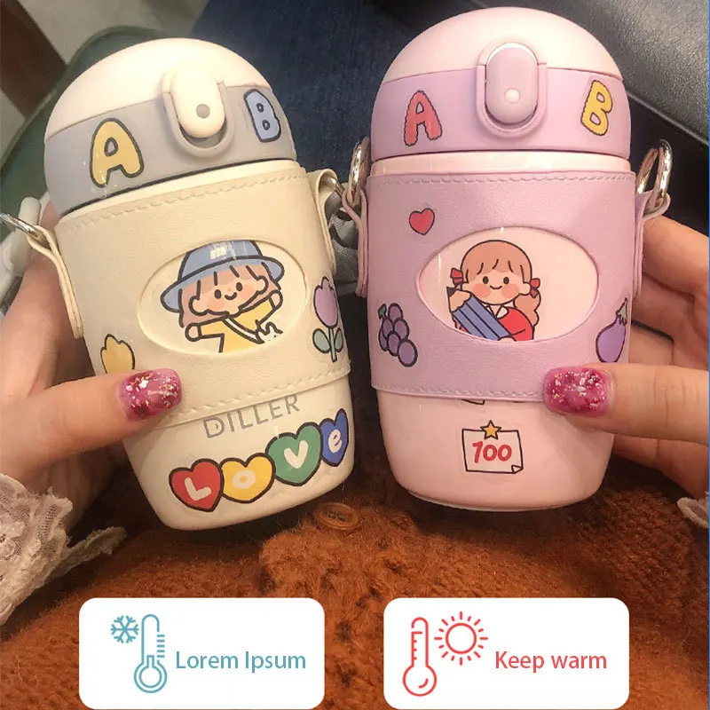 

Travel Bottle Stainless 300/450ml Girl Thermo Steel Thermol Mug Student Tea Thermocup Crossbody Milk Flasks Vacuum Coffee Cup Va