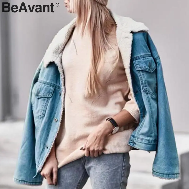 BeAvant Повседневная джинсовая куртка из овечьей шерсти для женщин на пуговицах с