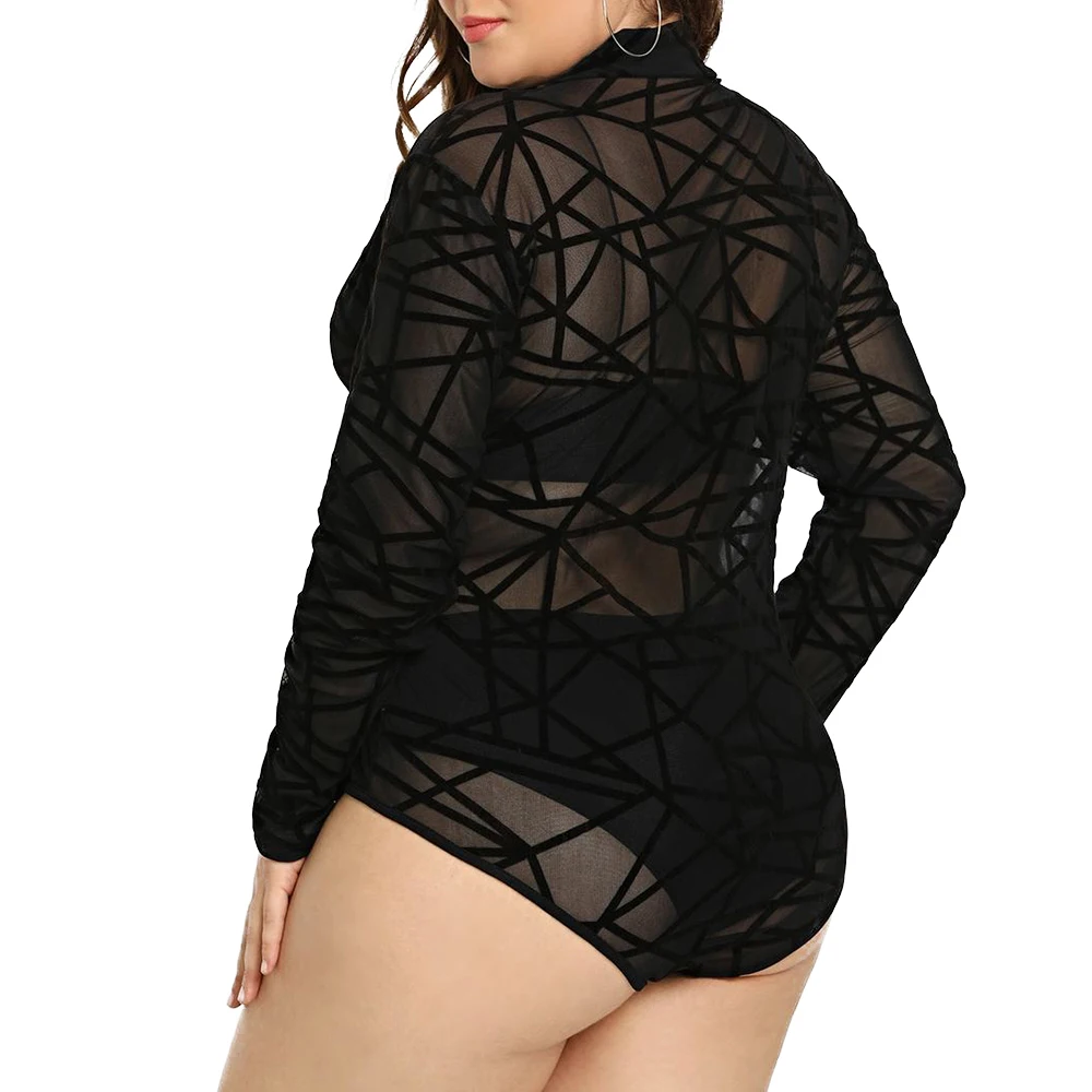 5XL сексуальные женские боди с геометрическим принтом размера плюс, прозрачные сетчатые боди, черный комбинезон с длинным рукавом, женские облегающие боди 30