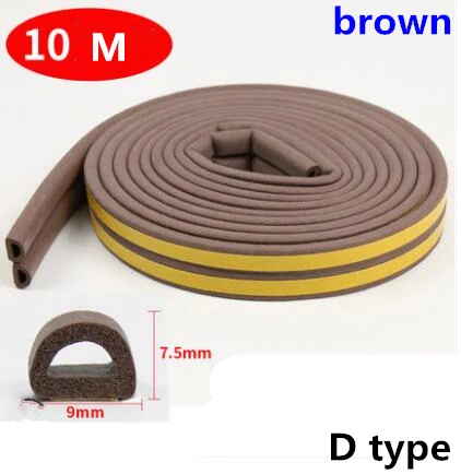 Brown D Seal Strip 10 м/рулон самоклеящаяся дверная уплотнительная полоса резиновая Погодная полоса ветрозащитная Звукоизоляционная оконная уплотнительная лента аксессуары для оборудования - Цвет: Brown D Seal Strip