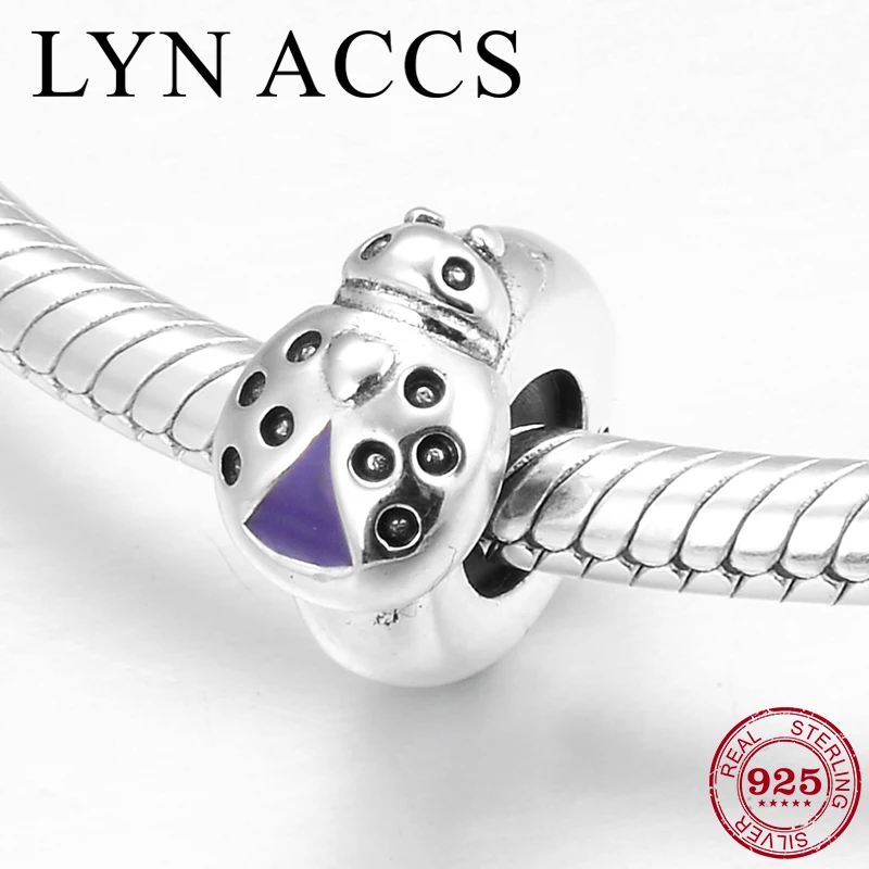 925 Sterling Silver Purple Sparkling ladybug Stopper Spacer Beads Metal for jewelry making Fit Original European Charm Bracelet | Украшения