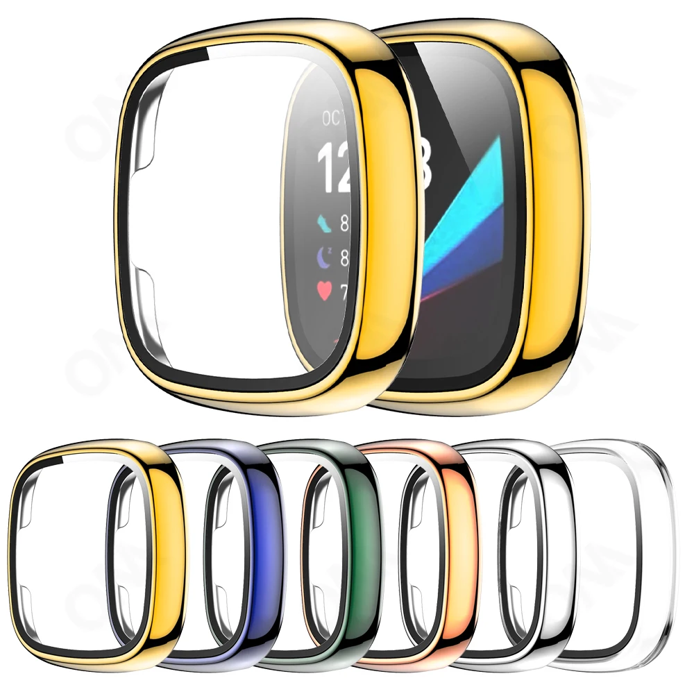 Hard PC Case for Fitbit Versa 2 / 3 / Sense Bumper Protective Case Cover + Tempered Glass Screen Protector Full Coverage Shell