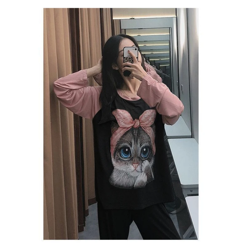 

Women Pajama Sets Cute Sleepwear Lady Long Sleeve Spring/Autumn/Winter Nightwear Female Cat Print Homewear