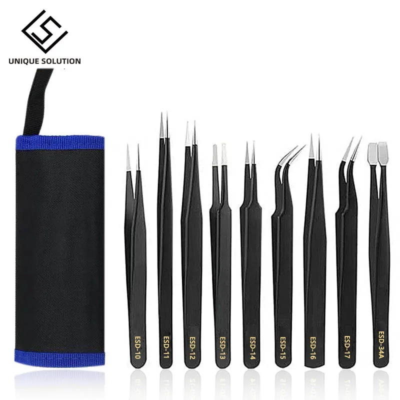 

9 pcs/set Anti-static ESD Stainless Steel Tweezers Maintenance Tools Industrial Precision Curved Straight Tweezers Repair Tools