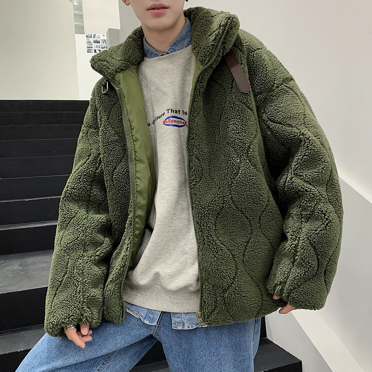 2019 зимний мужской шерстяной плащ свободные зеленые куртки утолщенная одежда с