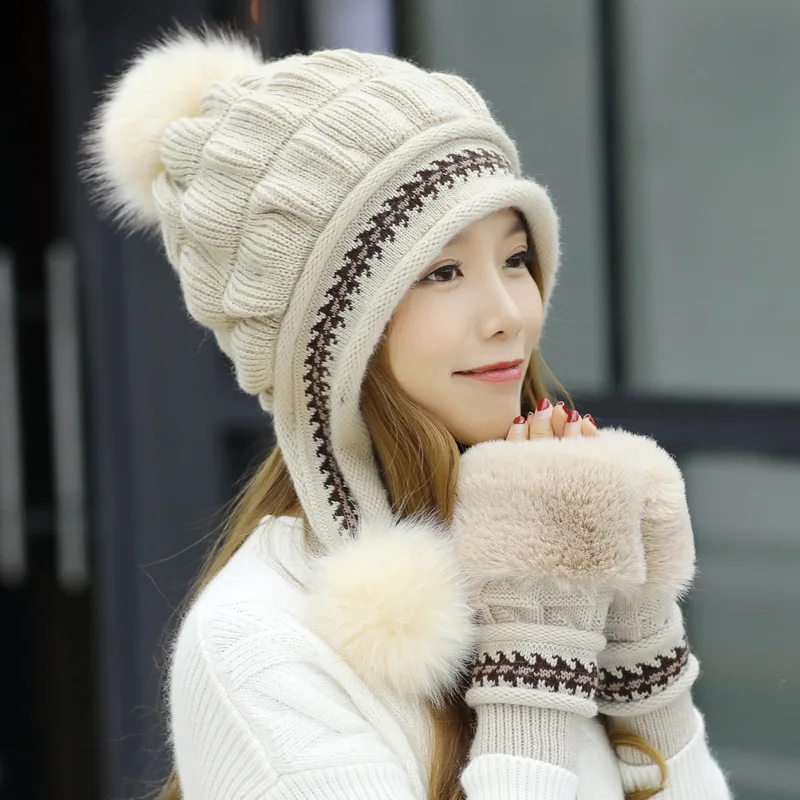 

Women's winter knitted wool ball gloves for students riding bicycles Korean ladies plus velvet thick warm earmuffs