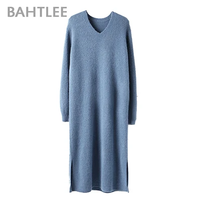 Blue BAHTLEE Женский бархатный длинный пуловер из яка, свитер на осень и зиму, шерстяной вязаный джемпер с длинными рукавами и v-образным вырезом, свободный стиль - Цвет: Blue