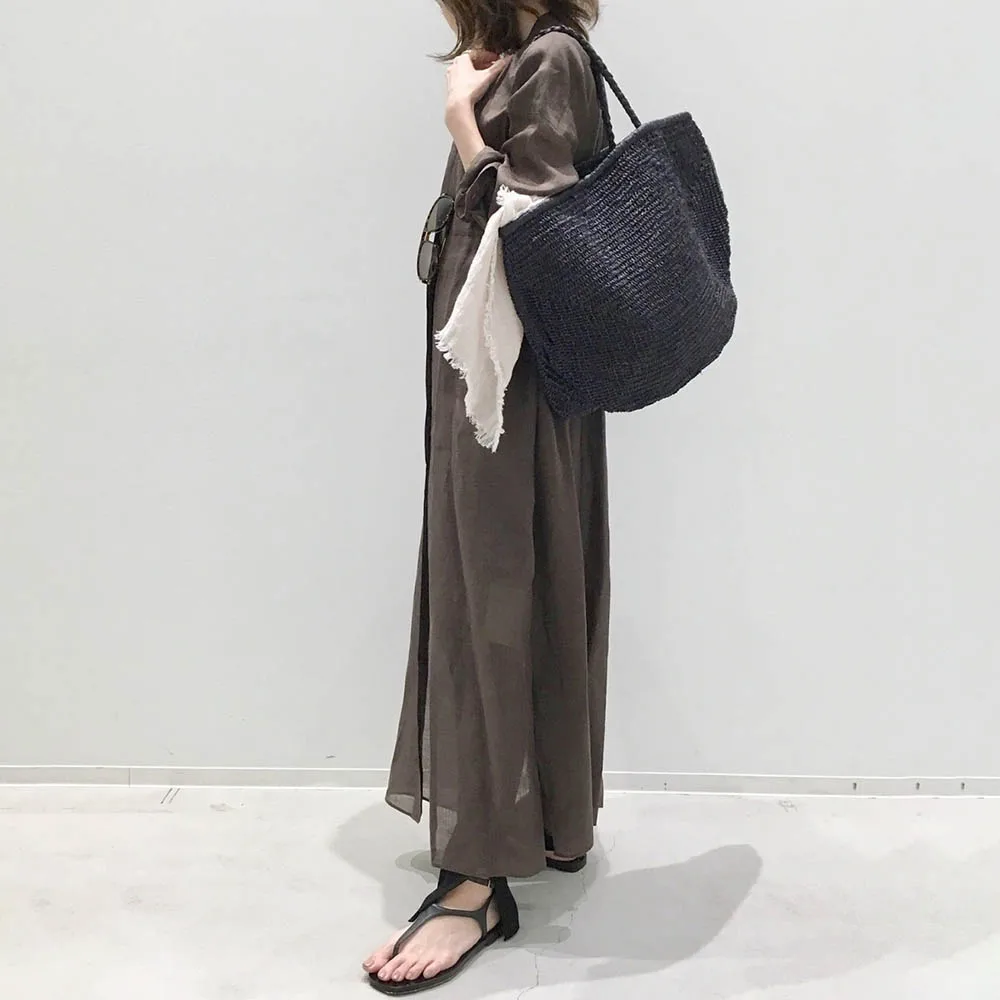 

Dress 3/4 Sleeve Maxi Length Ladies Fashion Dressing Mid Waist A Line Dresses Shirt Style Single Breasted Loose Coffee Color