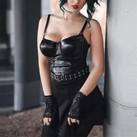 gothic darkness women pu leather camisole sexy harajuku solid colour black patchwork lace trim crop tops sleeveless tanks