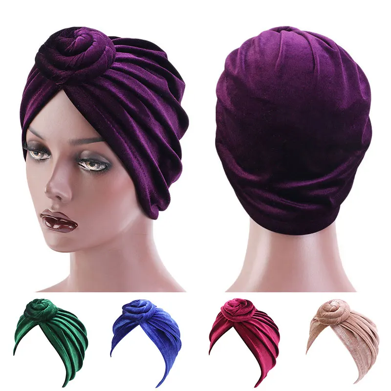 

Donut Pan Flower Hat Velvet Turban Hat Pure Color All-match Solid Color Turban Hat Baotou Cap Soft Ethnic Style National Cap