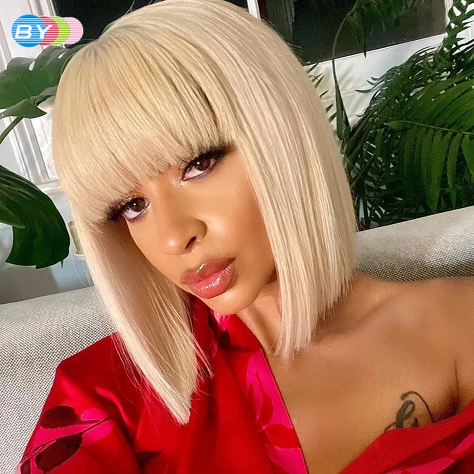 

Straight Short Bob Wigs 613 Honey Blonde Bob Wig With Bangs 150% Density Malaysian Remy Human Hair Non Lace Wig For Black Women