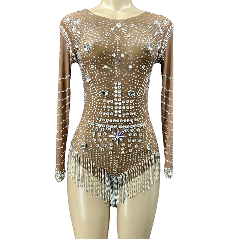 

Sparkly Rhinestone Fringes Bodysuit Dance Costume Long Sleeve See Through Nightclub Outfit Tassel Leotard Party Show Stage Wear