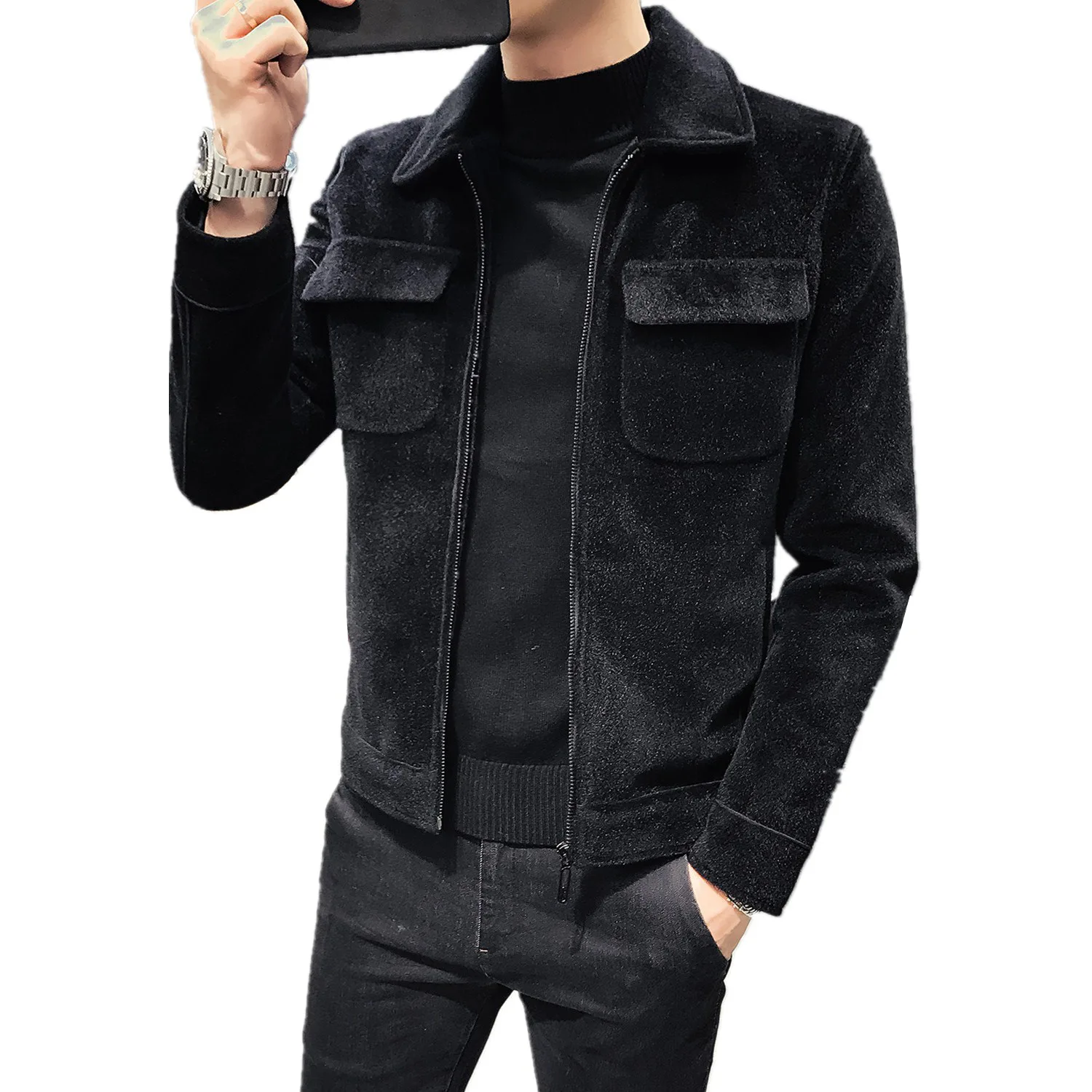 

Autumn and winter new mink velvet skinny men's pure color lapel with velvet jacket
