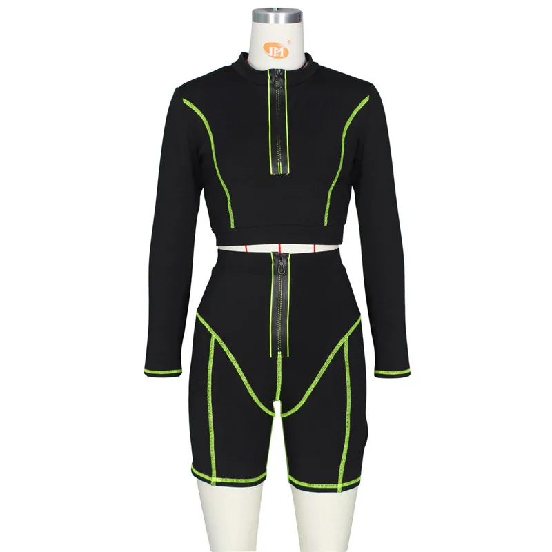 

VS&LLWQ 2 Piece Set Women Tracksuit Fall Zipper Sport Suits Long Sleeve Crop Top+Tight Shorts Fitness Workout Clothes Ropa Mujer