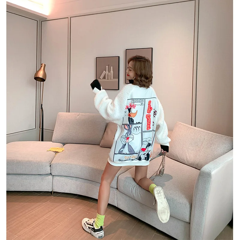 2019 зимние модные толстовки с мультяшным принтом бархатные женские высоким