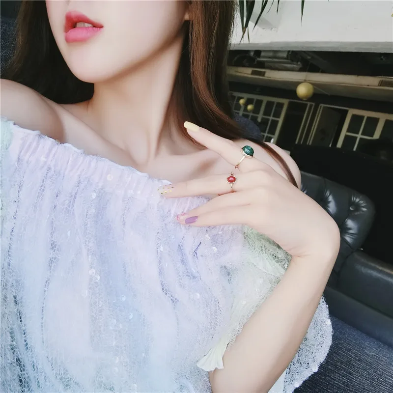 Корея Ретро Простой дизайн красный зеленый круглый драгоценный камень кольцо